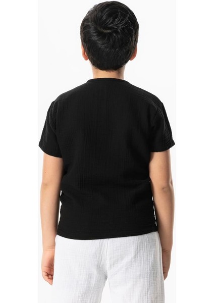 Kısa Kol Batı Cep Detaylı Yazlık Müslin Erkek Çocuk Tshirt Buz Mavi Bmv