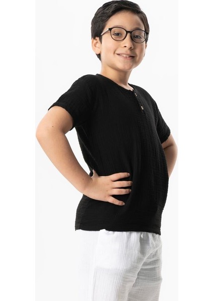 Kısa Kol Batı Cep Detaylı Yazlık Müslin Erkek Çocuk Tshirt Buz Mavi Bmv