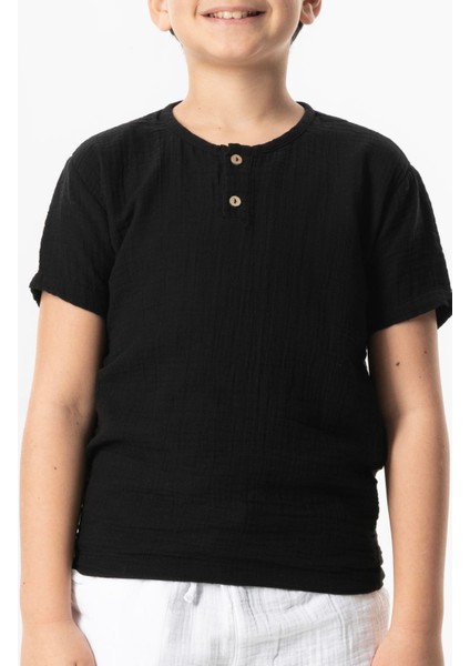 Kısa Kol Batı Cep Detaylı Yazlık Müslin Erkek Çocuk Tshirt Buz Mavi Bmv