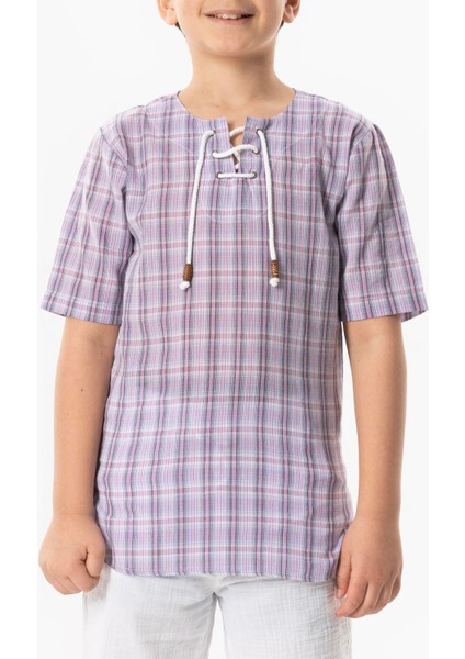Kısa Kol Şile Bezi Zımbalı Yazlık Erkek Çocuk Tshirt Lila Ekose 3036 fırsatları