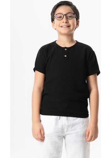 Kısa Kol Batı Cep Detaylı Yazlık Müslin Erkek Çocuk Tshirt Buz Mavi Bmv