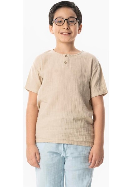 Kısa Kol Batı Cep Detaylı Yazlık Müslin Erkek Çocuk Tshirt Buz Mavi Bmv