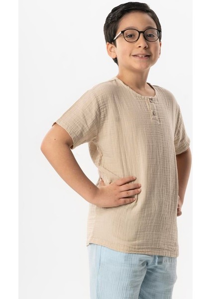 Kısa Kol Batı Cep Detaylı Yazlık Müslin Erkek Çocuk Tshirt Buz Mavi Bmv modelleri