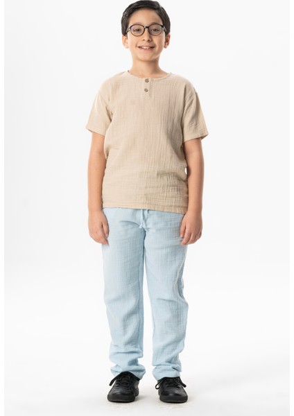 Kısa Kol Batı Cep Detaylı Yazlık Müslin Erkek Çocuk Tshirt Buz Mavi Bmv indirimleri