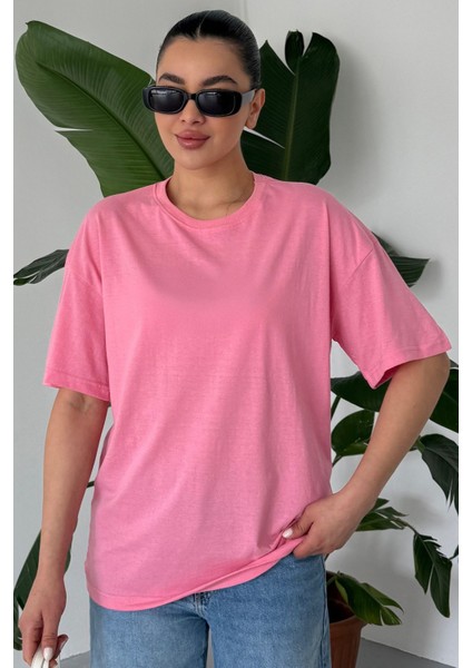 Kadın Pembe Bisiklet Yaka Düz T-Shirt