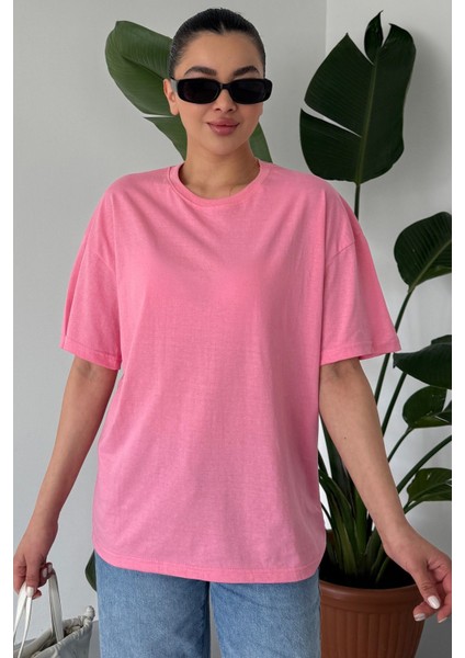 Kadın Pembe Bisiklet Yaka Düz T-Shirt fiyatları