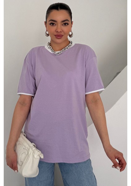 Kadın Lila Bisiklet Yaka Beyaz Yaka ve Kol Detay Düz Oversize T-Shirt