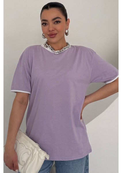 Kadın Lila Bisiklet Yaka Beyaz Yaka ve Kol Detay Düz Oversize T-Shirt fiyatları