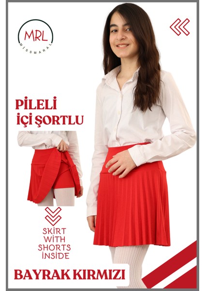 Kız Çocuk Pileli Etek Kırmızı Yüksek Bel Içi Şortlu Likra Kumaş Okul-Oyun-Spor-Etkinlik Eteği 4103