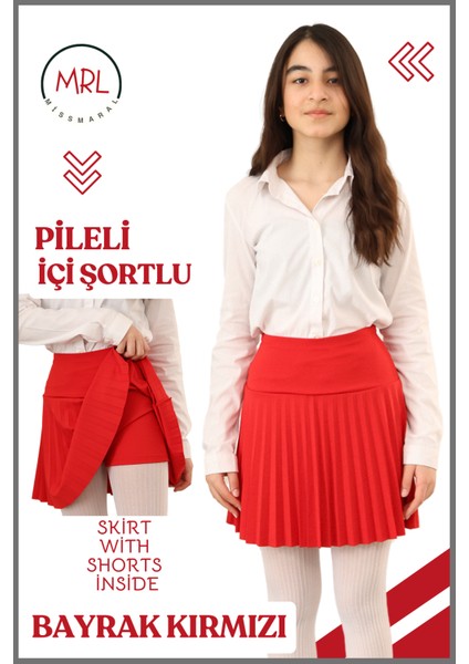 Kız Çocuk Pileli Etek Kırmızı Yüksek Bel Içi Şortlu Likra Kumaş Okul-Oyun-Spor-Etkinlik Eteği 4103