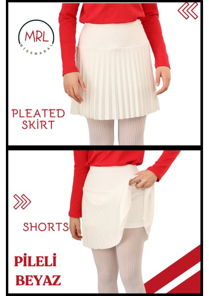 Kız Çocuk Pileli Etek Beyaz Yüksek Bel Içi Şortlu Likra Kumaş Okul-Oyun-Spor-Etkinlik Eteği 4103