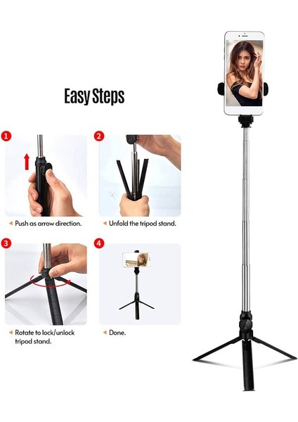 Bluetooth Uzaktan Kumandalı Genişletilebilir Tripod Standı 360° Döndürme Selfie Video Kaydına Uygun Canlı Yayın (Yurt Dışından) fiyatları