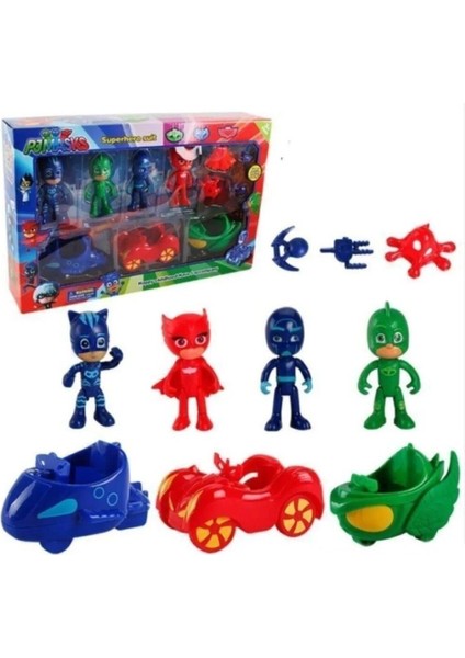 Pj Masks Pijamaskeliler Arabalı Figür Seti Kutulu 10'lu Figür Seti Kedi Çocuk Baykuş Kız Kertenkele