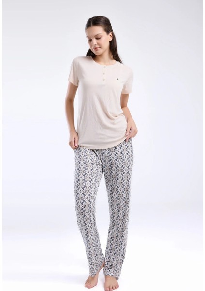PC8961 Açık Bej Kadın Düğme Detaylı Yazlık Ikili Pijama Takımı