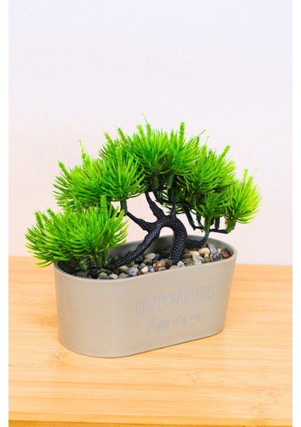 Dekoratif Kayık Saksılı Yapay Çam Ağacı Bonsai Gri 16 cm EVA-5829 C1-1-423