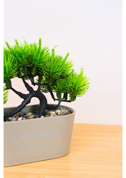 Dekoratif Kayık Saksılı Yapay Çam Ağacı Bonsai Gri 16 cm EVA-5829 C1-1-423