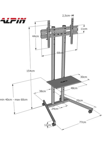 Alpın Ev Tipi Salon,oturma Odası,balkon ve Toplantı Odası Tekerlekli Metal Ayaklı Tv/fuar Standı/ünitesi 40" Inç- 75" Inç