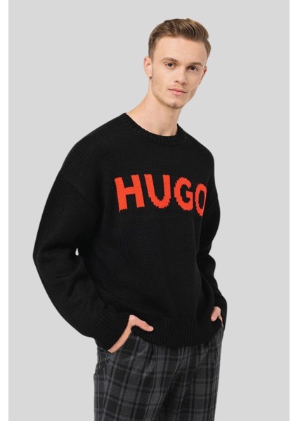 Regular Fit Logo Baskılı Erkek Kazak Siyah
