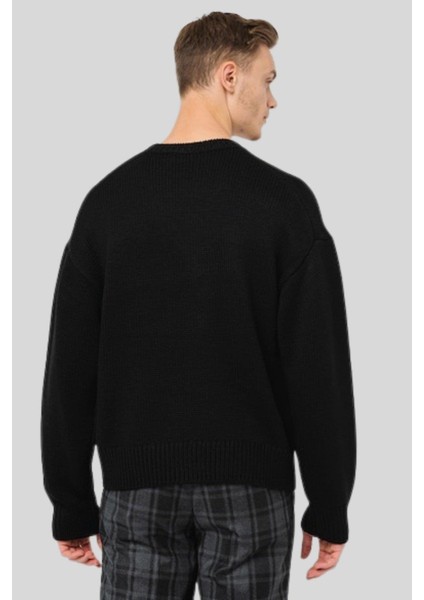 Regular Fit Logo Baskılı Erkek Kazak Siyah