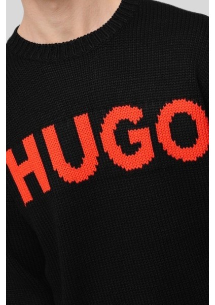 Regular Fit Logo Baskılı Erkek Kazak Siyah