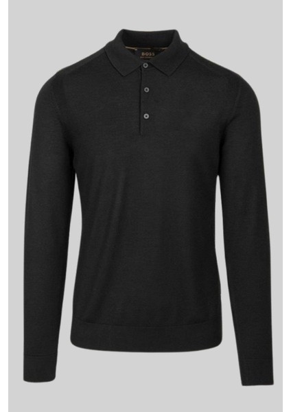 Regular Fit Polo Yaka Erkek Yün Kazak Siyah
