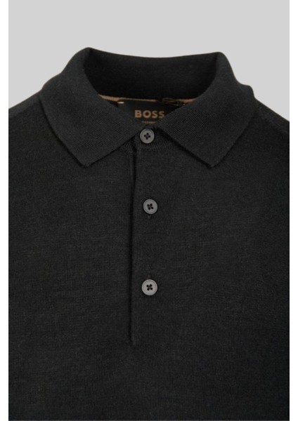 Regular Fit Polo Yaka Erkek Yün Kazak Siyah