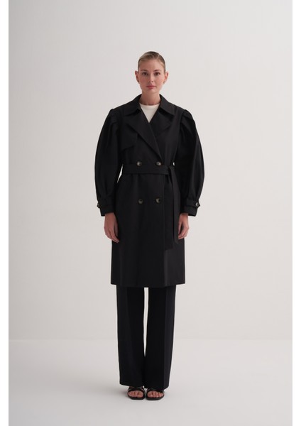 Siyah Pamuklu Astarsız Balon Kollu Uzun Trençkot fiyatları