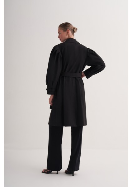 Siyah Pamuklu Astarsız Balon Kollu Uzun Trençkot fırsatları