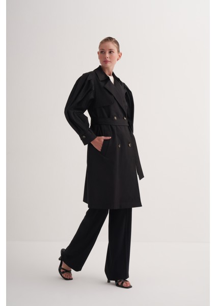 Siyah Pamuklu Astarsız Balon Kollu Uzun Trençkot modelleri