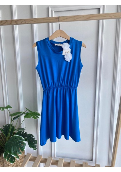 0002 - Kız Çocuk Saks Mavi Elbise Beyaz Toka Takım modelleri