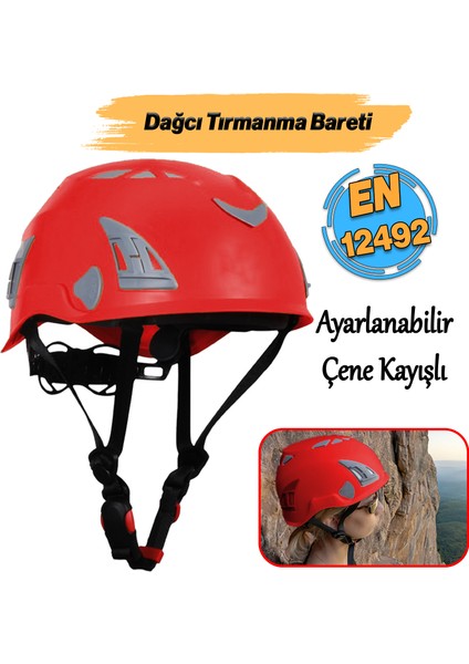 Dağcı Tırmanma Bareti Kırmızı Renk Baş Koruyucu Kask Ce EN12492 Sertifikalı 51-62 cm Ayarlanabilir