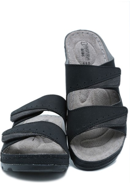 Kifidis SIB160147 Kifidis-Natura Kadın Çift Bantlı Anatomik Deri Terlik 36-41 Siyah/black