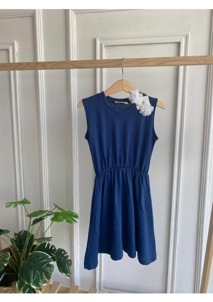 0013 - Kız Çocuk Açık Lacivert Elbise Beyaz Toka Takım modelleri