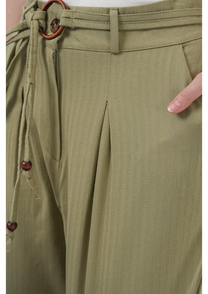 6660 Kemerli Keten Pantolon - Haki