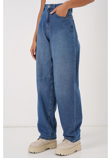 6689 Kadın Yüksek Bel Baggy Kot Pantolon - Lacivert
