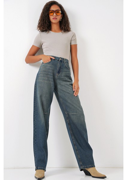 6689 Kadın Yüksek Bel Baggy Kot Pantolon - Indigo