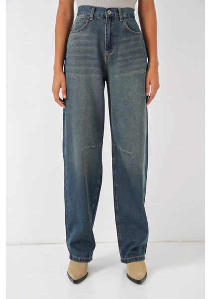 6689 Kadın Yüksek Bel Baggy Kot Pantolon - Indigo