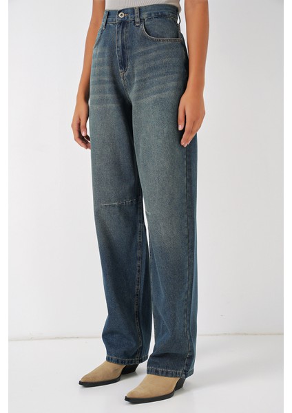 6689 Kadın Yüksek Bel Baggy Kot Pantolon - Indigo