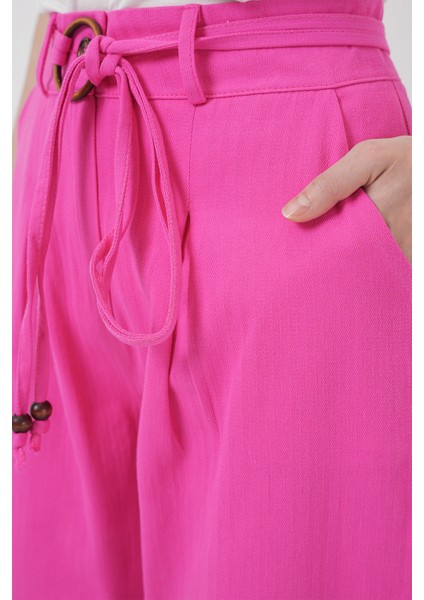 6660 Kemerli Keten Pantolon - Fuşya