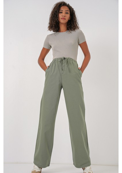 6690 Kadın Bol Paça Yüksek Bel Pantolon - Çağla