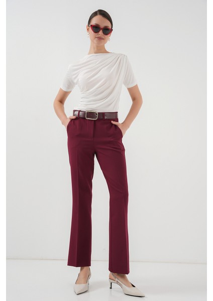 6538 Kemerli Ispanyol Paça Pantolon - Bordo