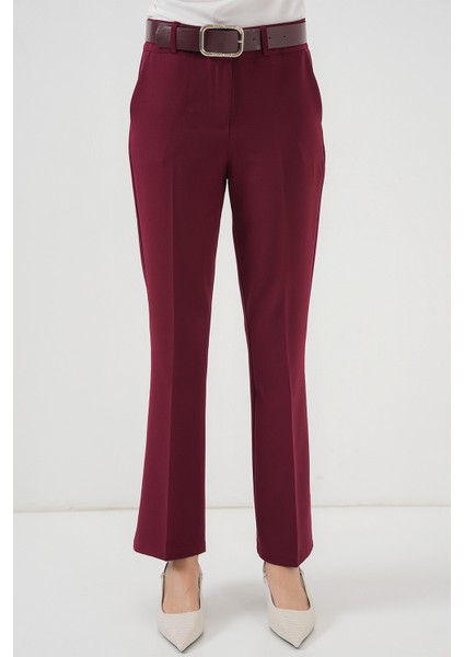 6538 Kemerli Ispanyol Paça Pantolon - Bordo