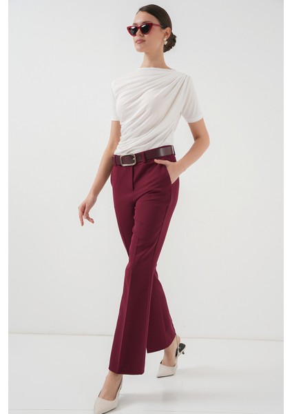 6538 Kemerli Ispanyol Paça Pantolon - Bordo