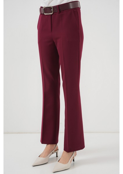 6538 Kemerli Ispanyol Paça Pantolon - Bordo