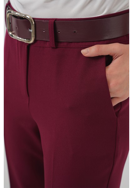 6538 Kemerli Ispanyol Paça Pantolon - Bordo