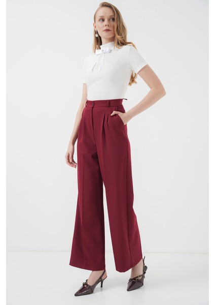 6647 Bol Paça Kumaş Pantolon - Bordo