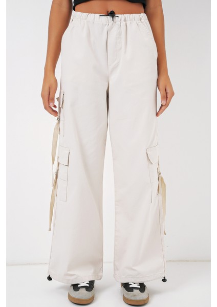 6691 Geniş Paça Kargo Pantolon - Ekru modelleri