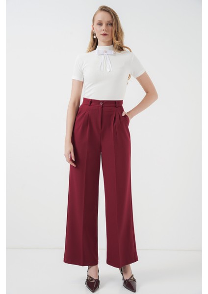 6647 Bol Paça Kumaş Pantolon - Bordo modelleri