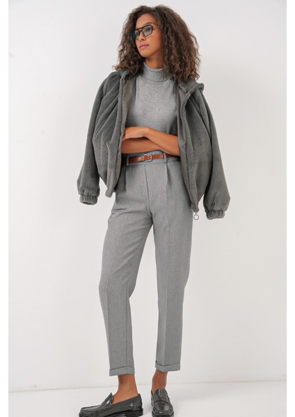 6686 Kadın Pileli Kemerli Kumaş Pantolon - Gri modelleri
