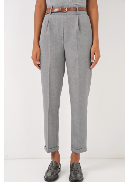 6686 Kadın Pileli Kemerli Kumaş Pantolon - Gri fırsatları
